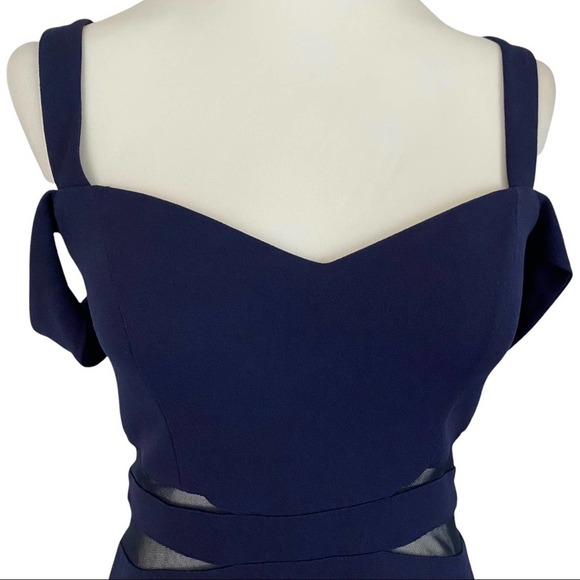 XTRAORDINARY | Navy Blue Cold Shoulder Sheer Cutout Mini Party Cocktail Dress - Picture 4 of 16